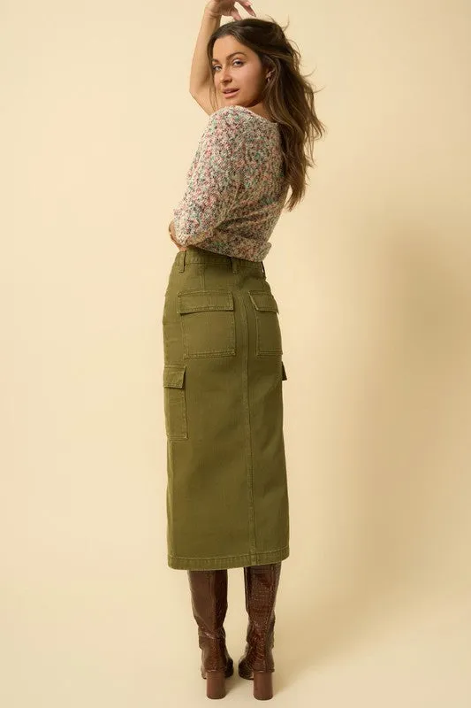 Chic Teek Midi Cargo Skirt in Rich True Olive Color