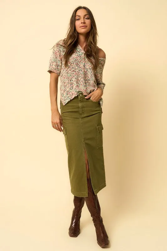 Chic Teek Midi Cargo Skirt in Rich True Olive Color