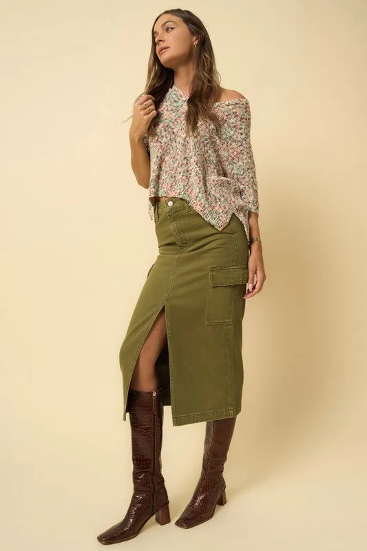 Chic Teek Midi Cargo Skirt in Rich True Olive Color