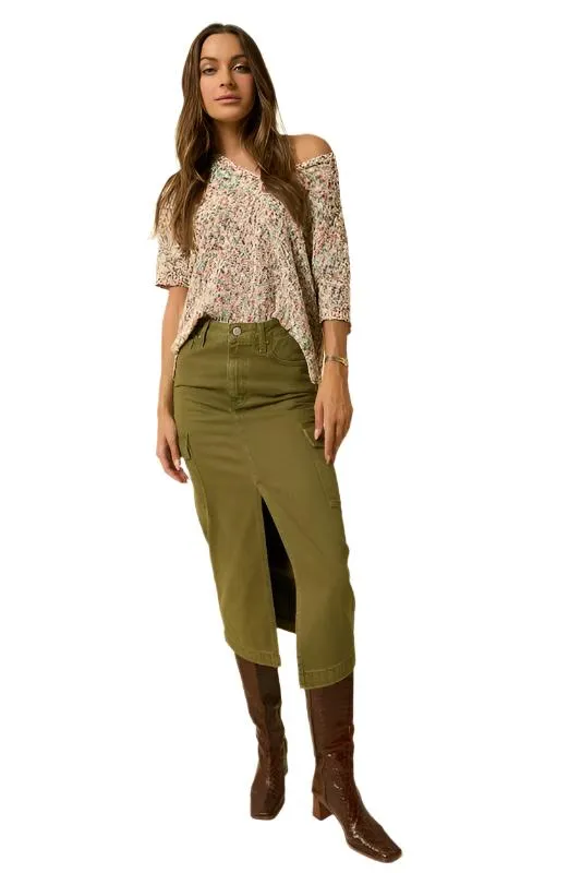 Chic Teek Midi Cargo Skirt in Rich True Olive Color