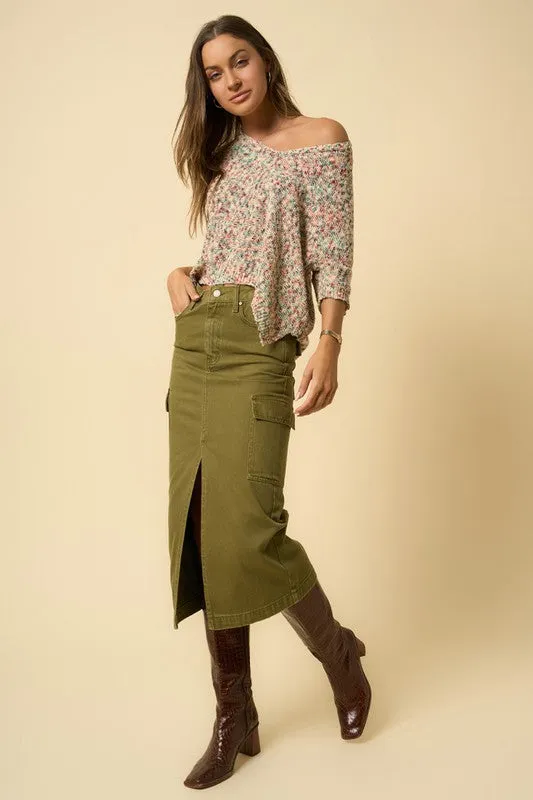 Chic Teek Midi Cargo Skirt in Rich True Olive Color