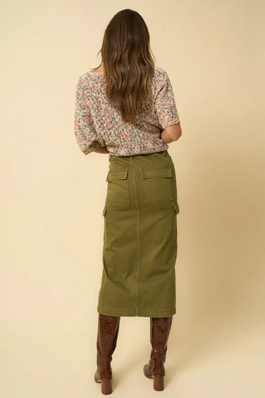 Chic Teek Midi Cargo Skirt in Rich True Olive Color