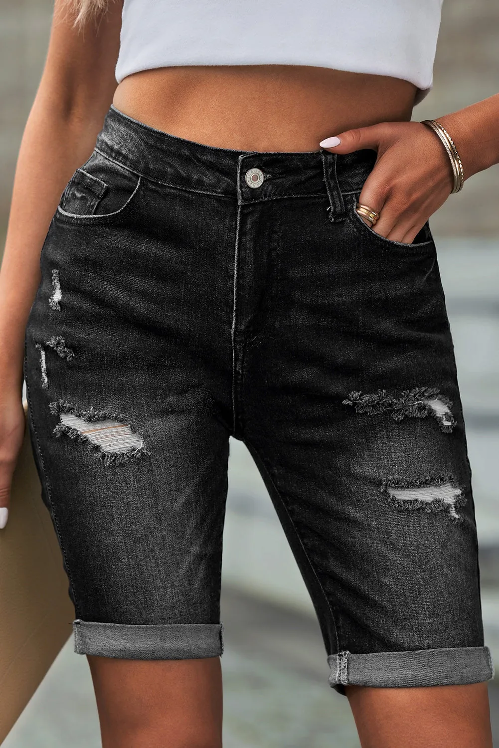 Women's Casual High Waisted Jean Roll-up Distressed Bermuda Denim Shorts