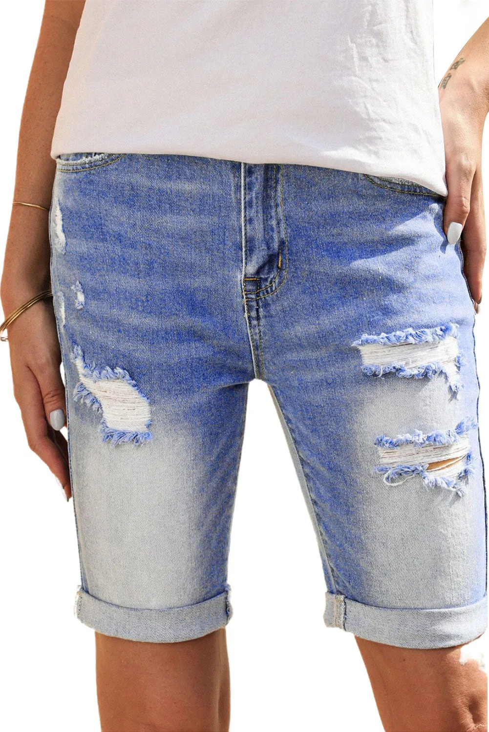 Women's Casual High Waisted Jean Roll-up Distressed Bermuda Denim Shorts