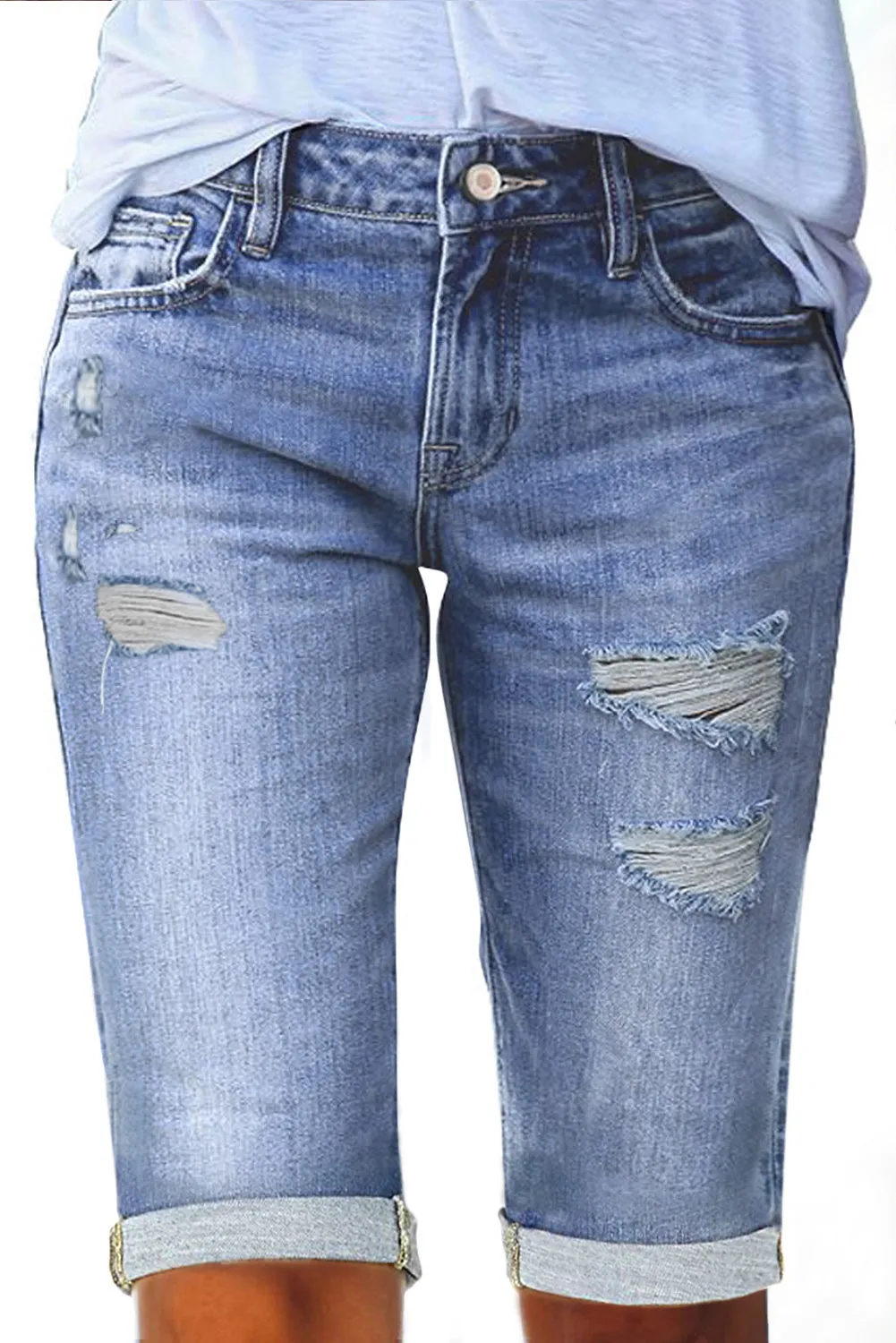 Women's Casual High Waisted Jean Roll-up Distressed Bermuda Denim Shorts