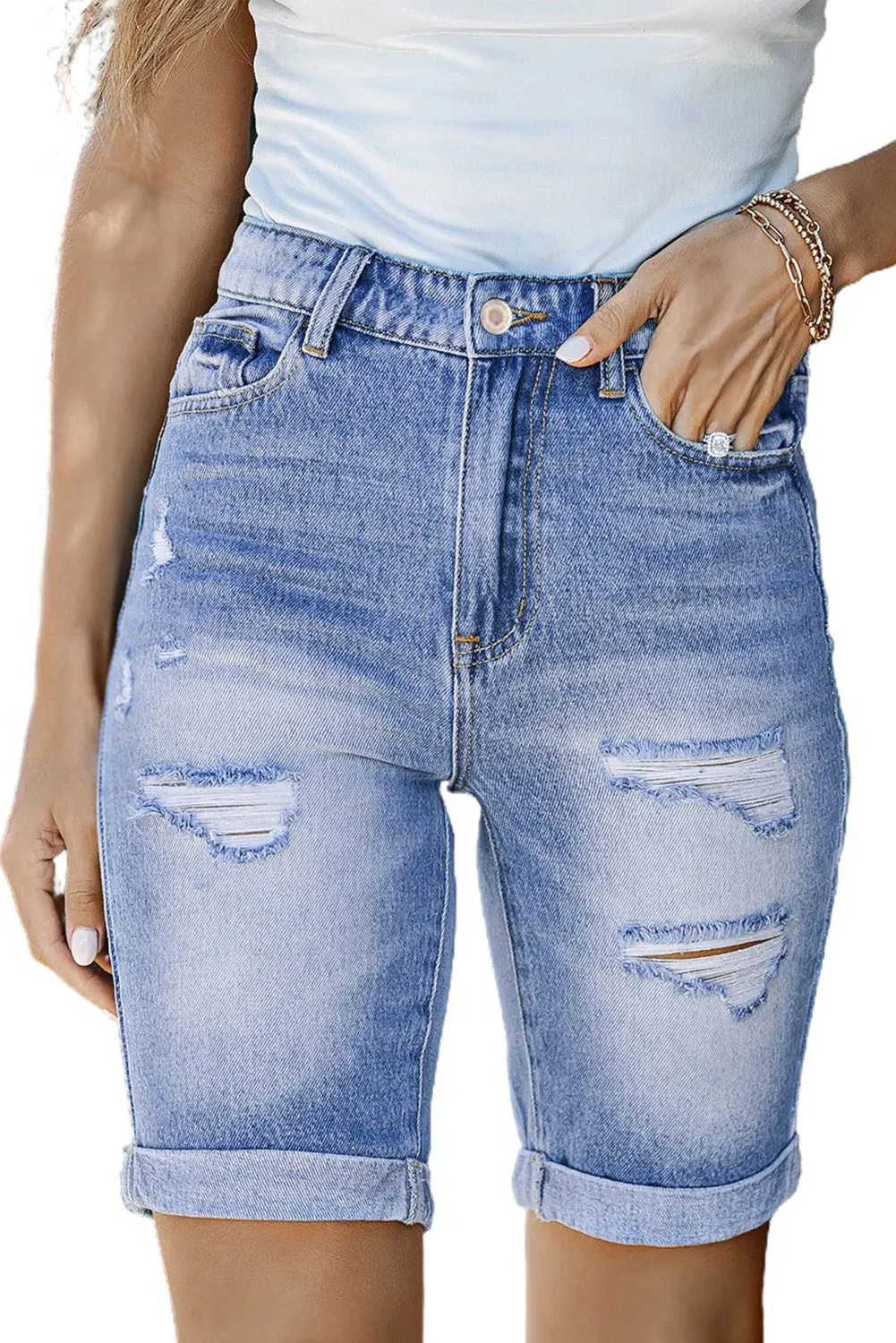 Women's Casual High Waisted Jean Roll-up Distressed Bermuda Denim Shorts