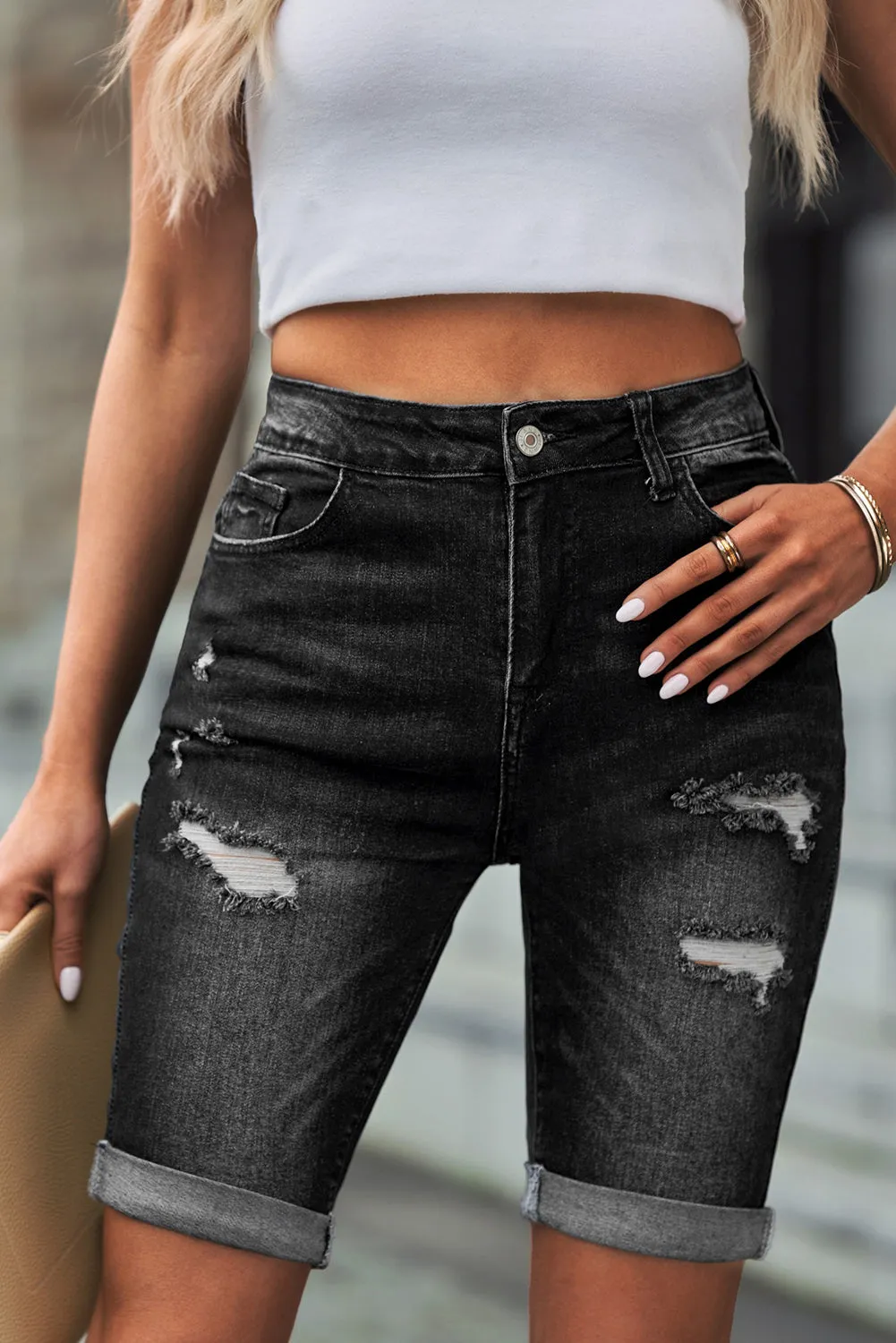 Women's Casual High Waisted Jean Roll-up Distressed Bermuda Denim Shorts