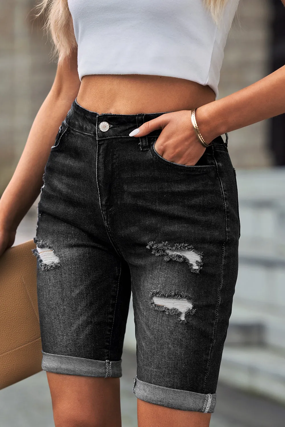 Women's Casual High Waisted Jean Roll-up Distressed Bermuda Denim Shorts