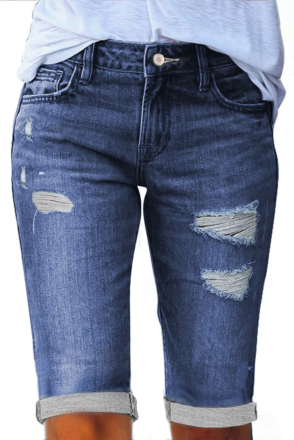 Women's Casual High Waisted Jean Roll-up Distressed Bermuda Denim Shorts