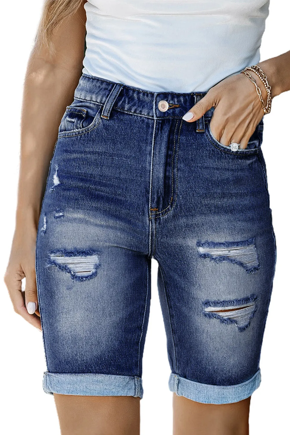 Women's Casual High Waisted Jean Roll-up Distressed Bermuda Denim Shorts