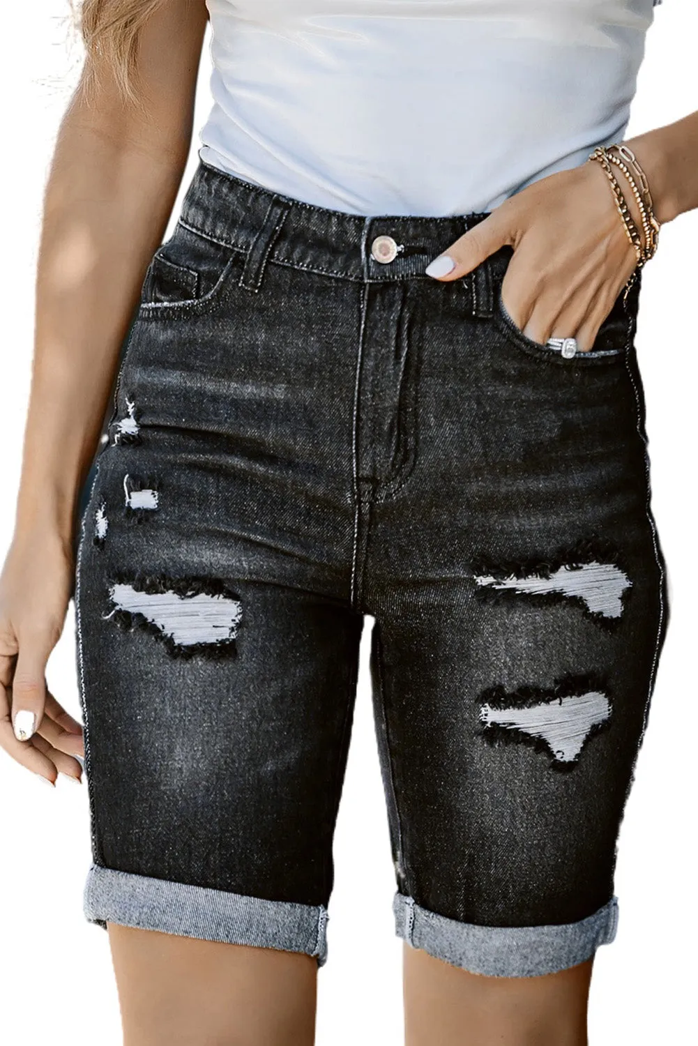 Women's Casual High Waisted Jean Roll-up Distressed Bermuda Denim Shorts