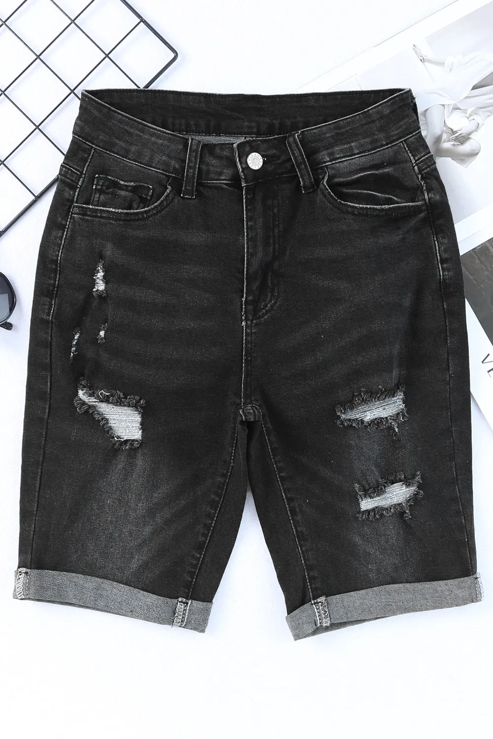 Women's Casual High Waisted Jean Roll-up Distressed Bermuda Denim Shorts