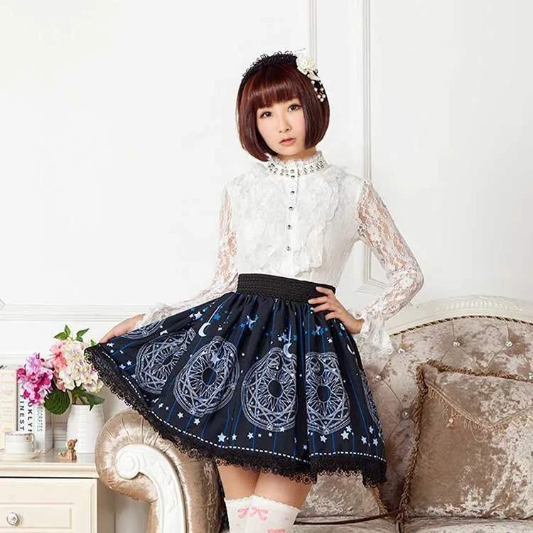 Women's Cute Circle Skirt Deep Blue Star and Moon Printed Short Mori Girl Skirt with Lace Trimming