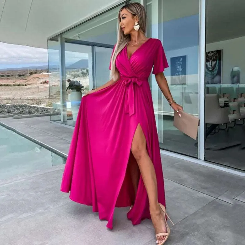 Women's Deep V-neck and Slit Elegant Dress