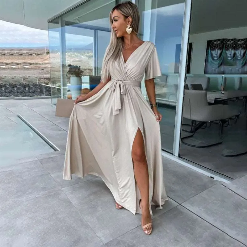 Women's Deep V-neck and Slit Elegant Dress