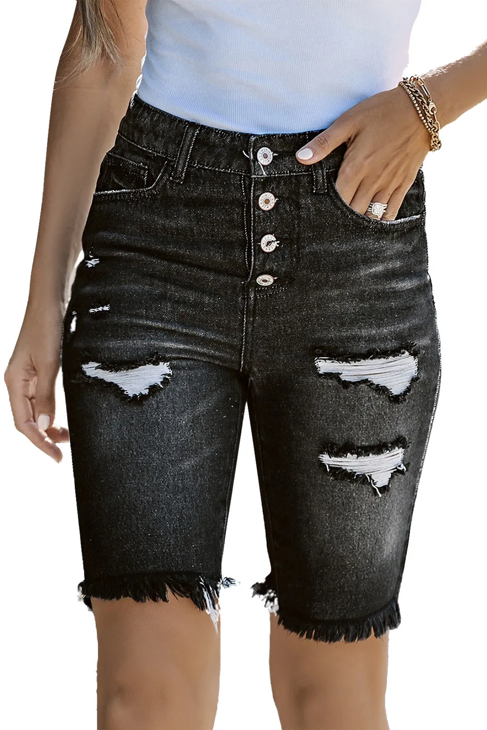 Women's High Waisted Bermuda Shorts Button Fly Ripped Distressed Denim Shorts