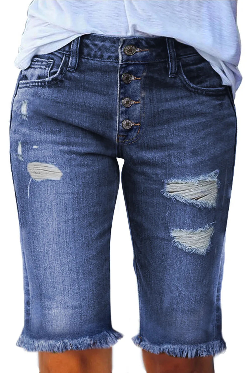 Women's High Waisted Bermuda Shorts Button Fly Ripped Distressed Denim Shorts