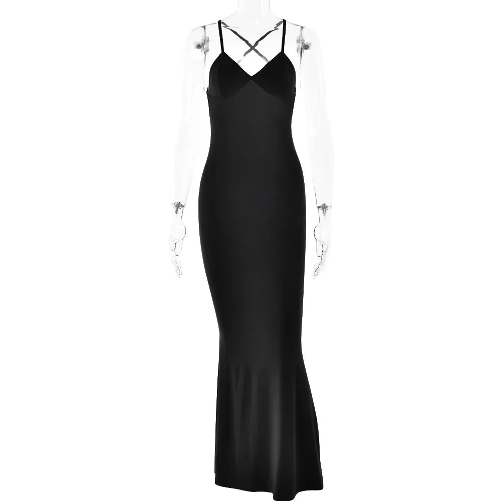 Women's Hollow Out Backless V-neck And Slim shoulder Strap Body Shaping Dress