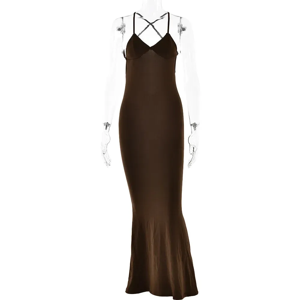 Women's Hollow Out Backless V-neck And Slim shoulder Strap Body Shaping Dress