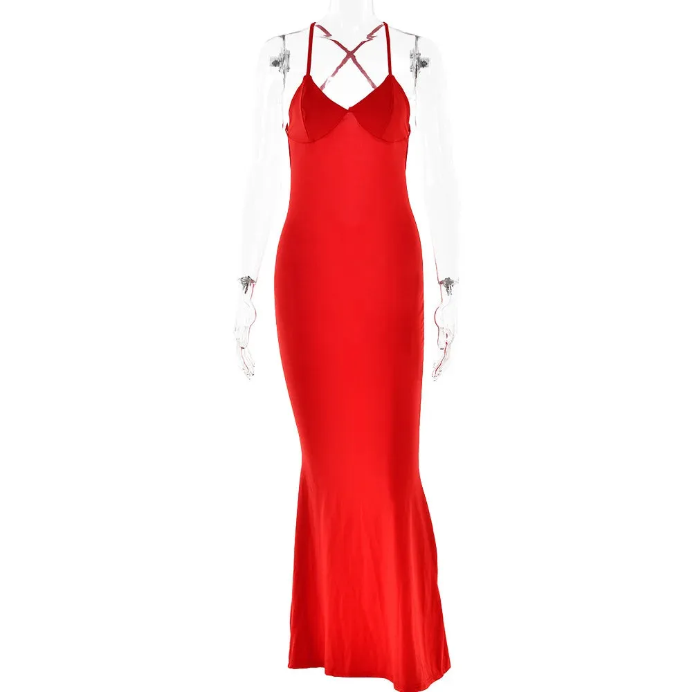 Women's Hollow Out Backless V-neck And Slim shoulder Strap Body Shaping Dress