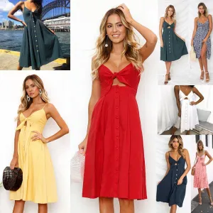 Women's Sleeveless Backless Button-Down Midi Dress