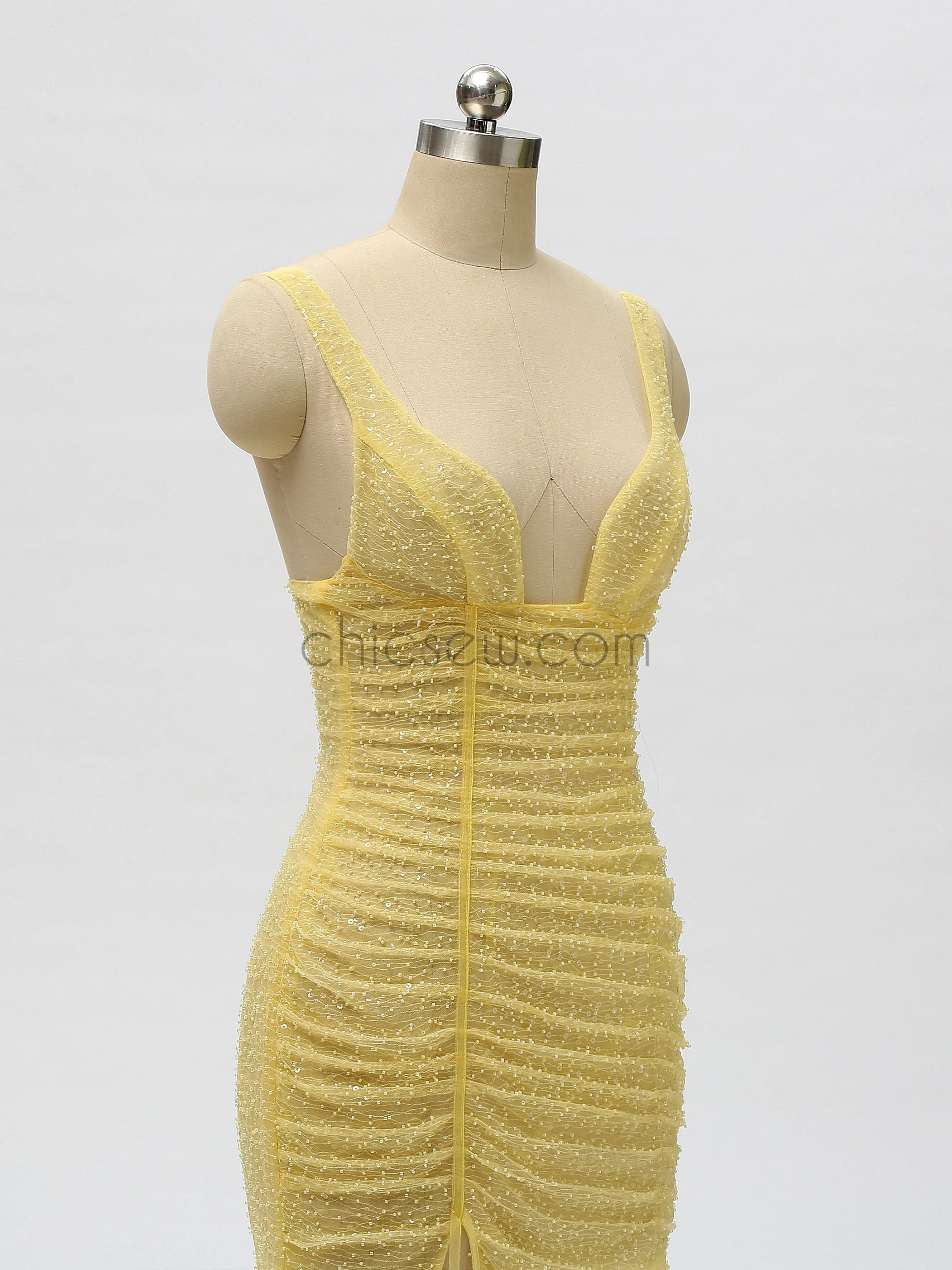 Yellow Sexy Slit See-Through Backless Prom Dress, YKX022