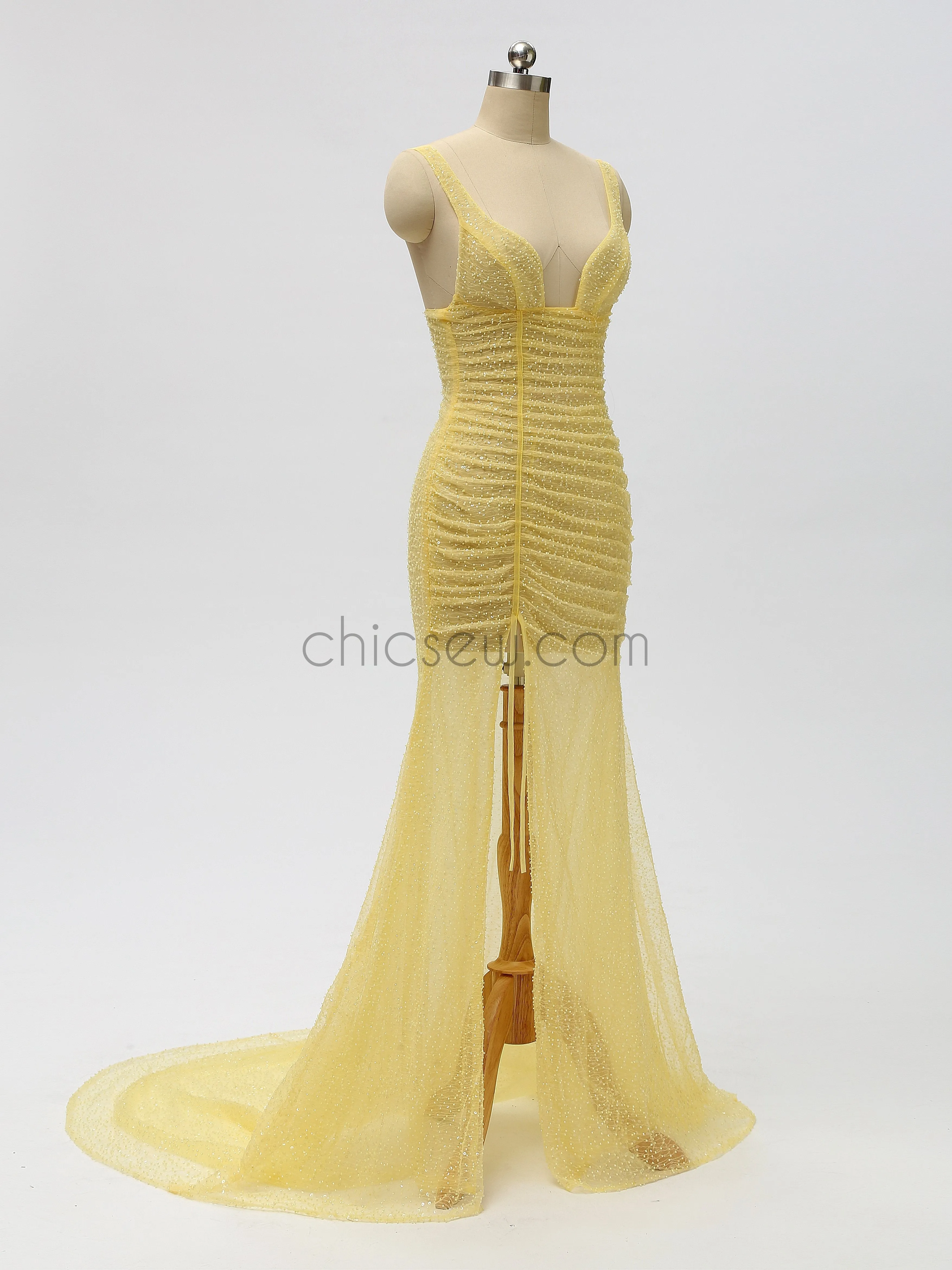 Yellow Sexy Slit See-Through Backless Prom Dress, YKX022