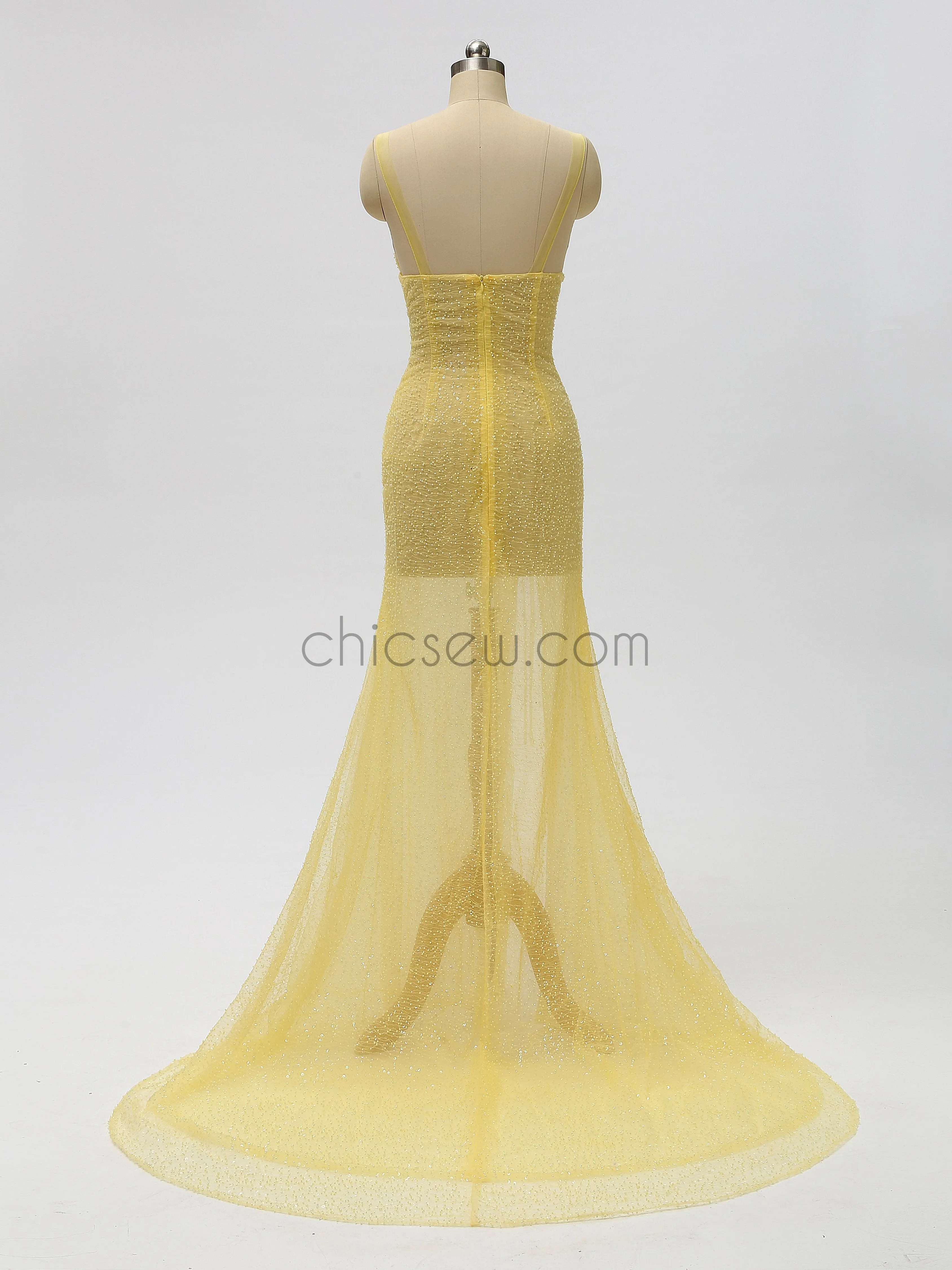 Yellow Sexy Slit See-Through Backless Prom Dress, YKX022