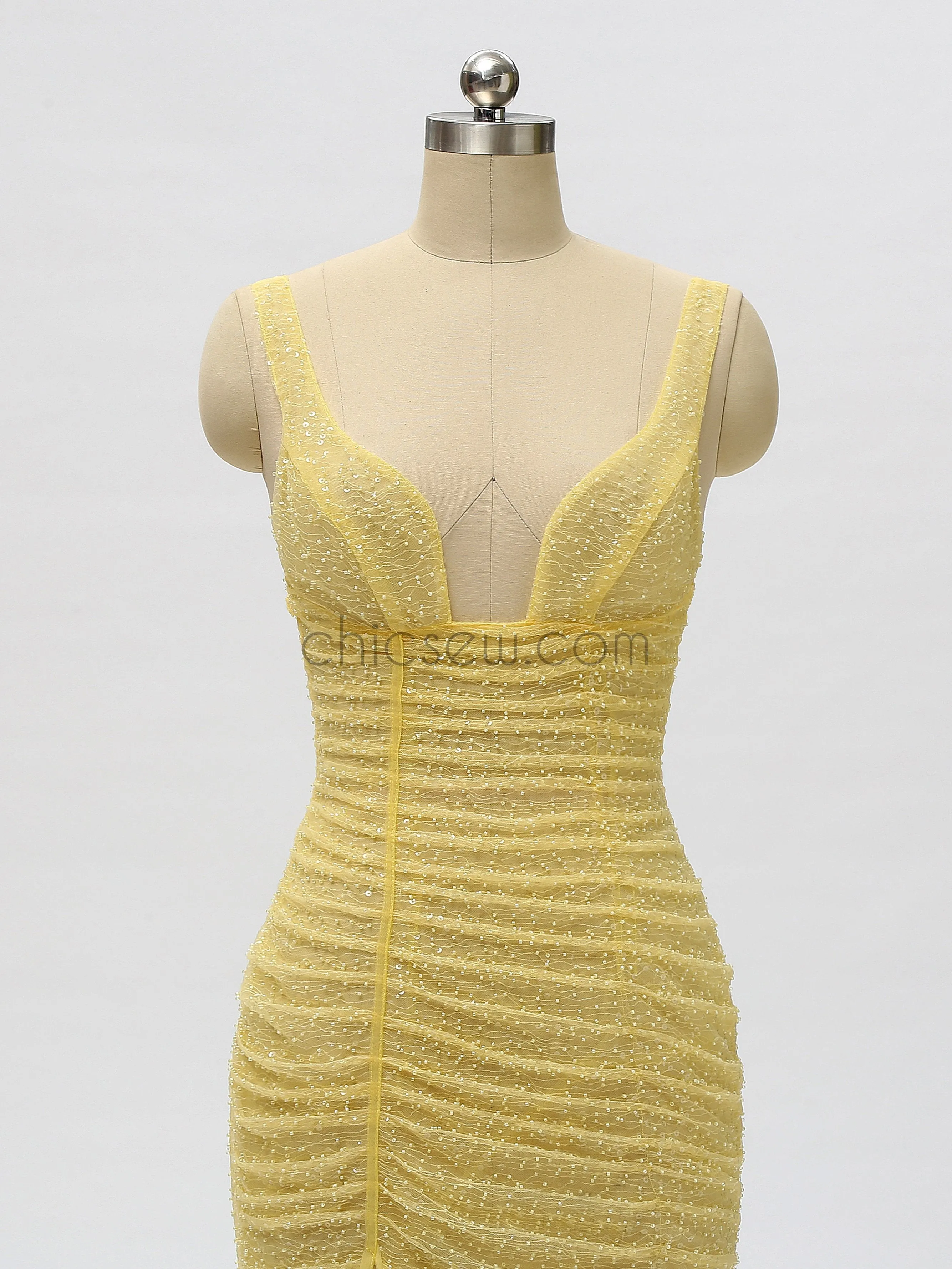 Yellow Sexy Slit See-Through Backless Prom Dress, YKX022