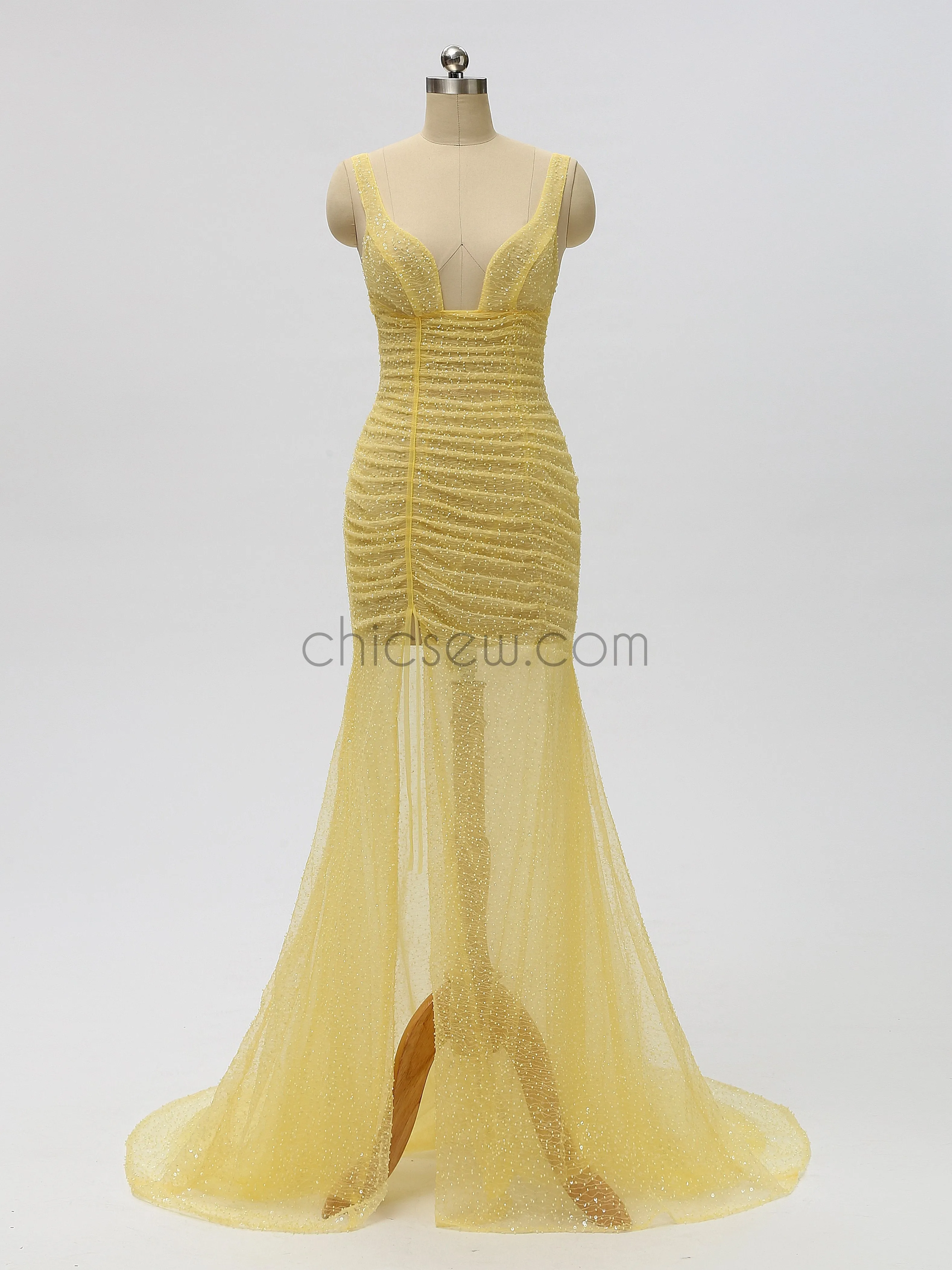 Yellow Sexy Slit See-Through Backless Prom Dress, YKX022